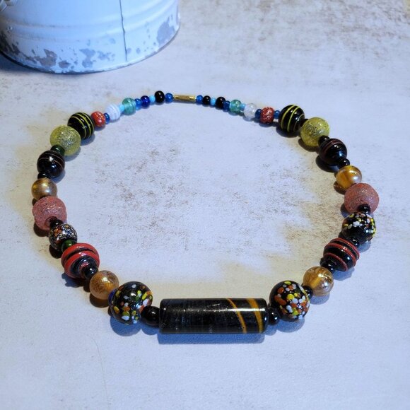 India Artisan Vintage 90s Glass Beads Black Multi Necklace OOAK Style F - Picture 9 of 14